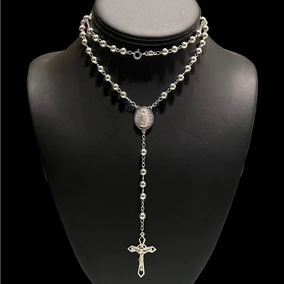 Large 925 Sterling Silver Rosary 24” 5mm Beads Rosario De Plata Handmade Italy - Picture 1 of 7